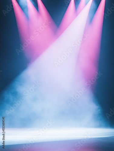 Empty stage lit by pink, white spotlights. Dramatic lighting creates vibrant mood. Great for kpop idol performance. Suggests excitement, energy. Ideal background for event promotion celebrity. photo