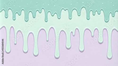 Turquoise and light green sweet glaze is dripping over a light purple background, creating a visually appealing abstract design with a playful and sugary feel, ideal for food related projects photo