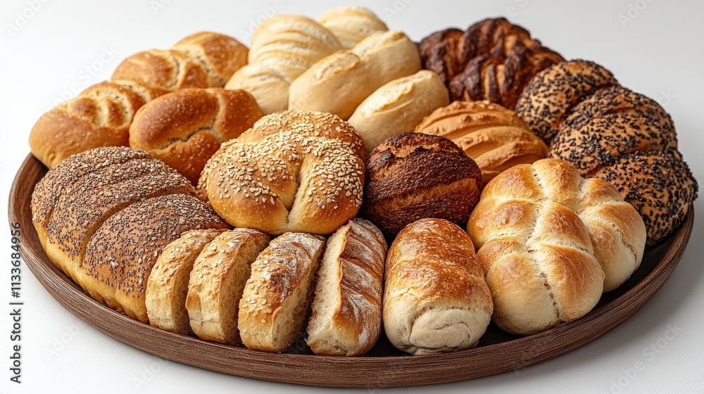 Fototapeta premium Assorted Freshly Baked Bread Rolls on a Round Wooden Platter Showcasing a Variety of Textures and Colors, Ideal for Bakery and Culinary Promotions
