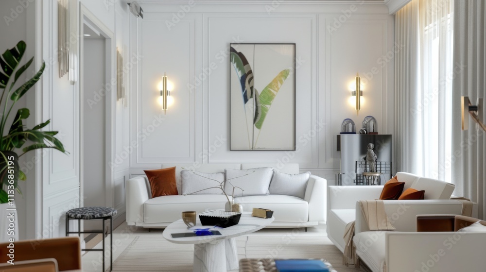 A bright and inviting living room design featuring a white canvas backdrop, Furniture placed to highlight a central, artistic feature A bright and inviting living room design featuring a white canvas backdrop, Furniture placed to highlight a central, artistic feature
