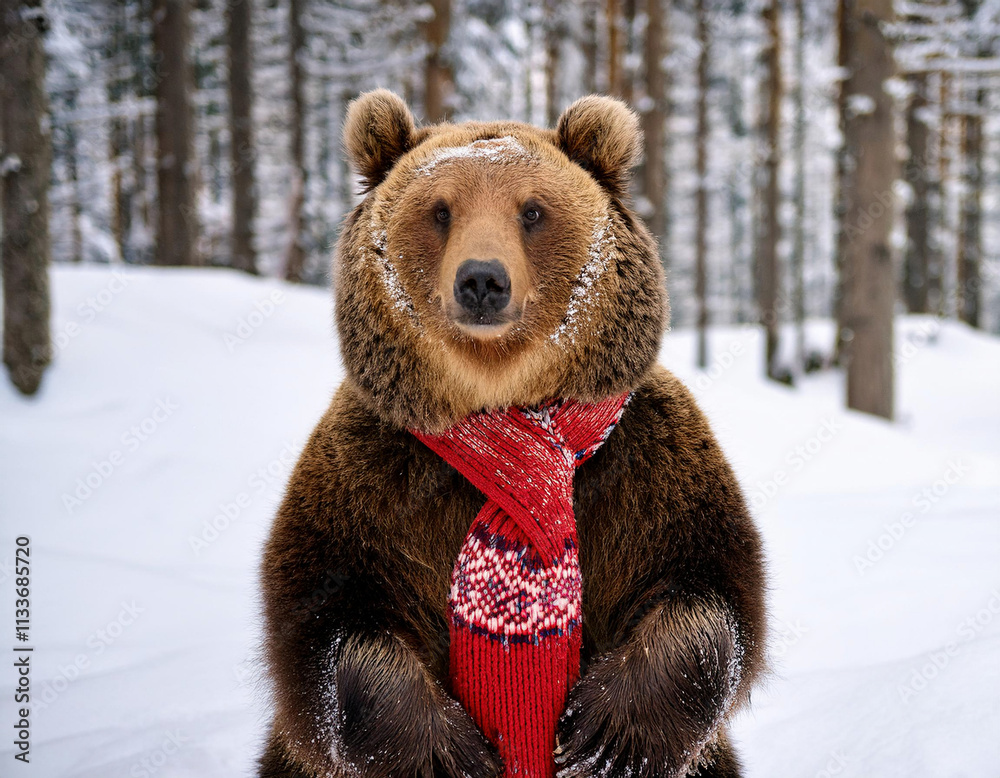 A large brown bear wearing a red patterned winter scarf sits in a snowy forest landscape. A large brown bear wearing a red patterned winter scarf sits in a snowy forest landscape.