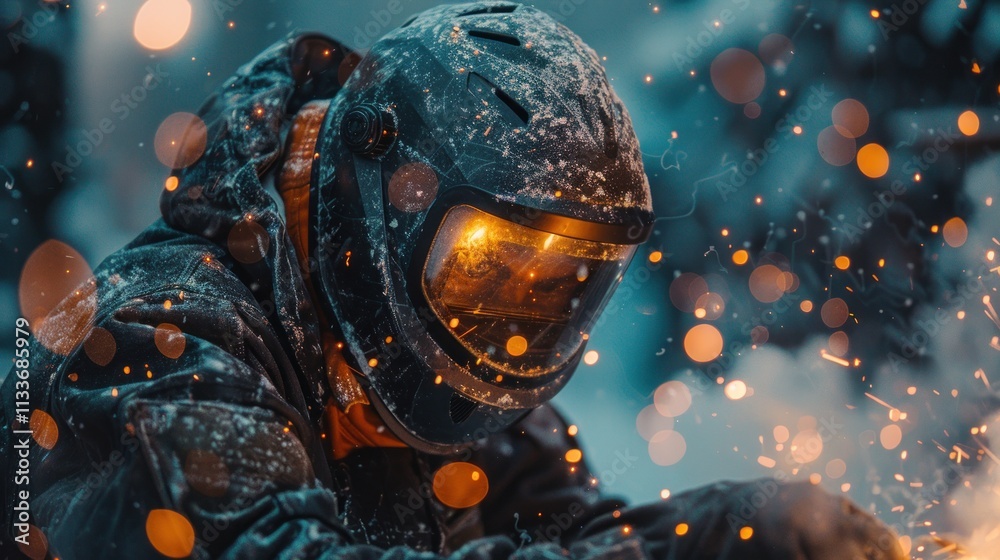 Frosty winter sparks surround a person in a protective helmet. Frosty winter sparks surround a person in a protective helmet.