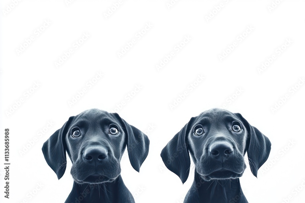 Two adorable black puppies looking up against white background.