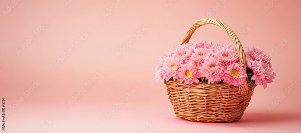 Pink flowers in a wicker basket on a pink background. Pink flowers in a wicker basket on a pink background.