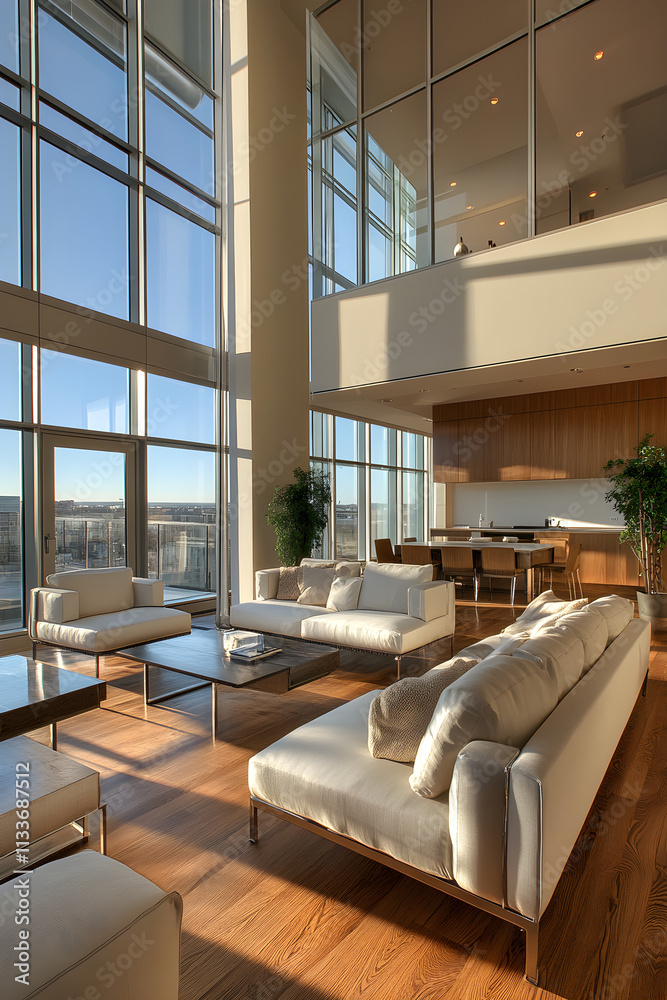 Fototapeta premium Sophisticated Modern Apartment Interior Featuring Open Layout and Chic Design Elements