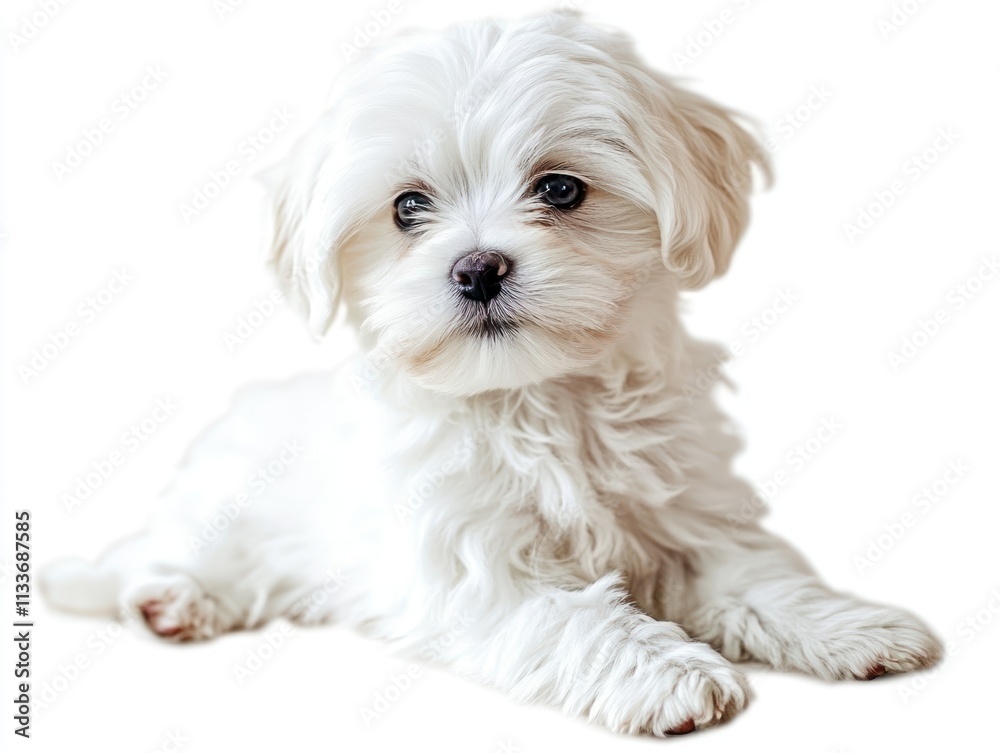 Adorable fluffy white puppy lying down, looking at camera. Adorable fluffy white puppy lying down, looking at camera.