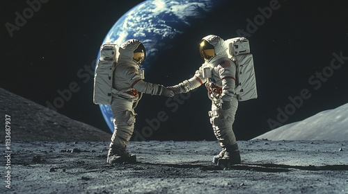 Two astronauts shake hands on the moon with Earth in the background.