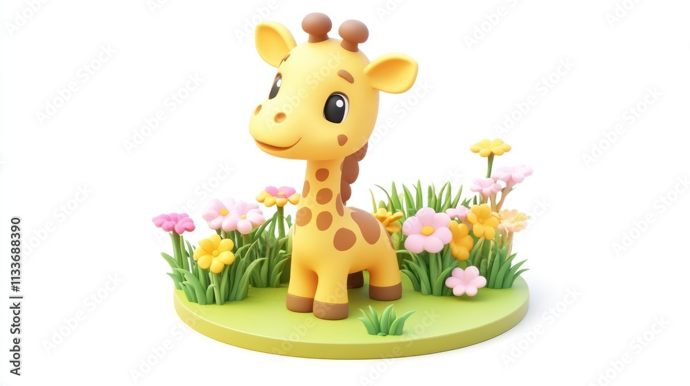 Adorable cartoon giraffe standing in a field of colorful flowers. Adorable cartoon giraffe standing in a field of colorful flowers.