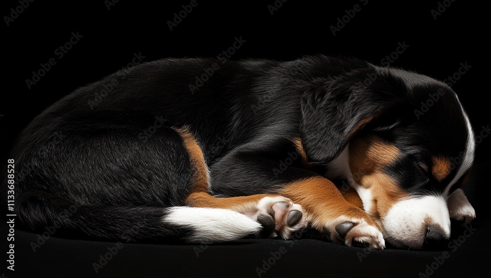 Adorable black, brown, and white puppy sleeping peacefully on a dark background. Adorable black, brown, and white puppy sleeping peacefully on a dark background.