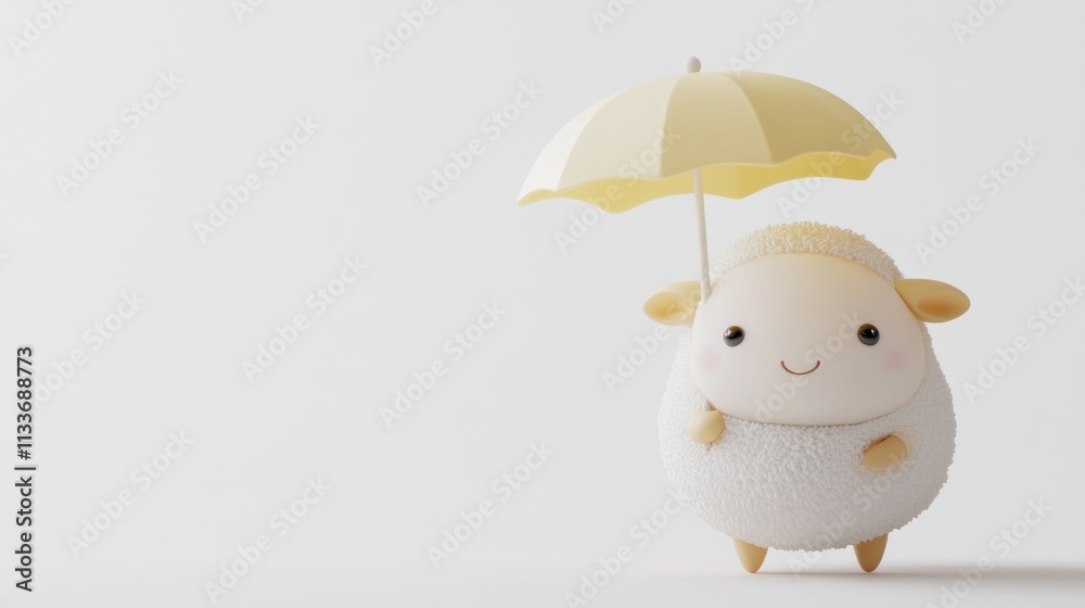 Cute cartoon lamb holding a small yellow umbrella. Cute cartoon lamb holding a small yellow umbrella.