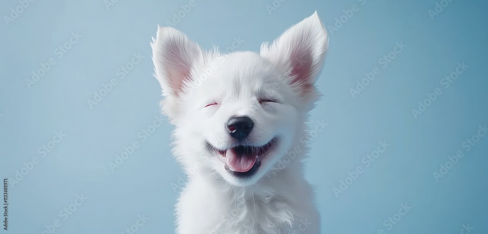 Happy white puppy smiling against a light blue background. Happy white puppy smiling against a light blue background.