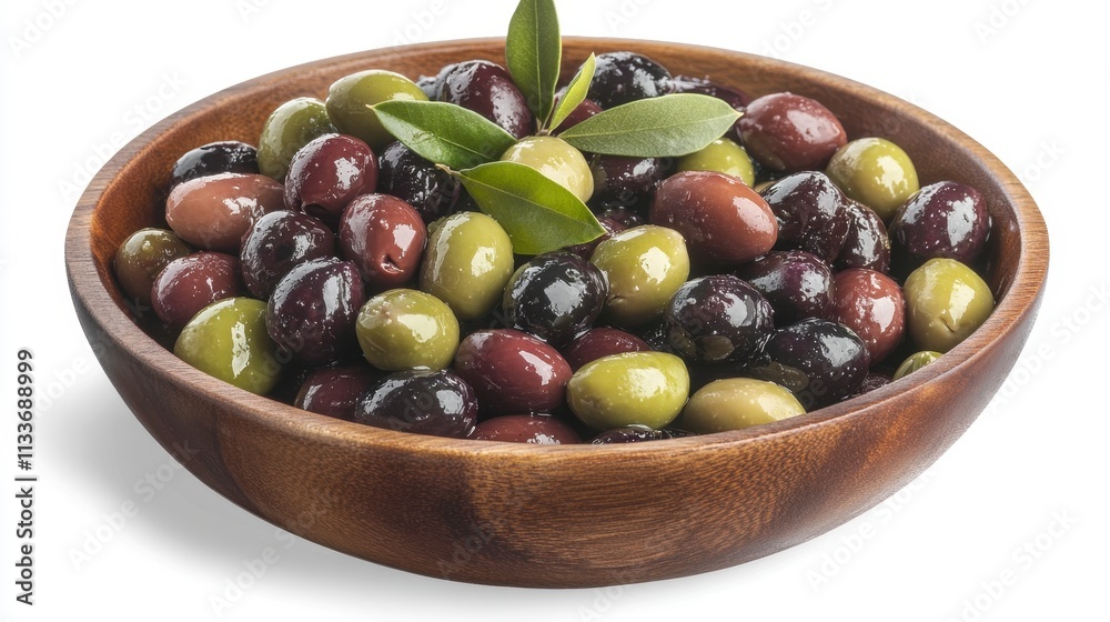 A wooden bowl filled with a variety of olives, showcasing green, black, and purple hues, garnished with a fresh olive leaf. A wooden bowl filled with a variety of olives, showcasing green, black, and purple hues, garnished with a fresh olive leaf.