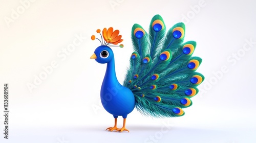 Cute cartoon peacock with vibrant plumage and flower crown.