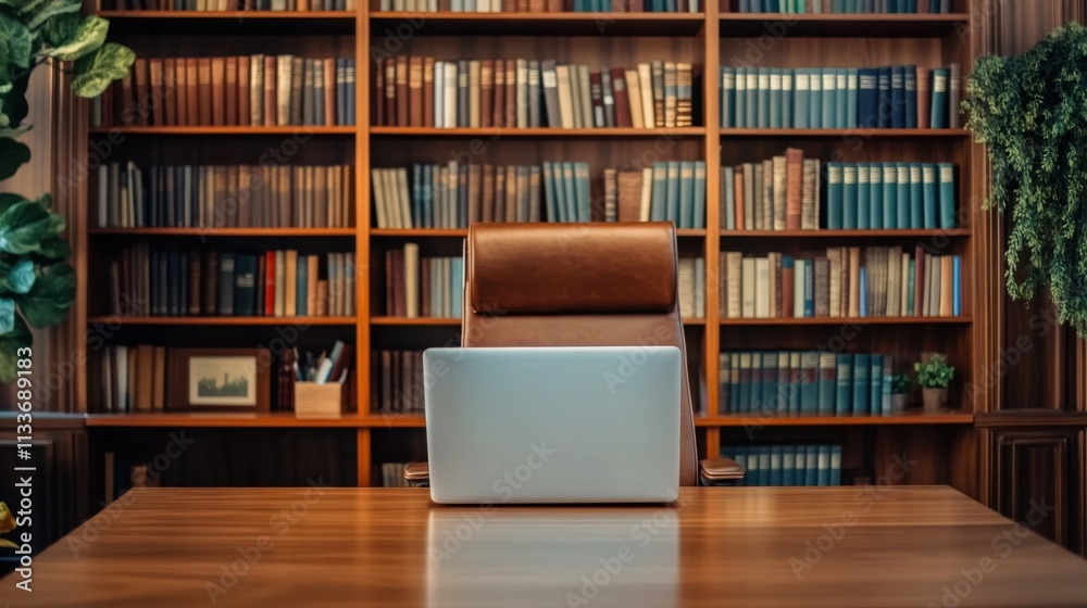 A sleek office room virtual background featuring an elegant bookcase. A sleek office room virtual background featuring an elegant bookcase.