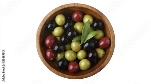 A wooden bowl filled with a colorful assortment of olives, including green, black, and purple varieties, garnished with a fresh olive leaf. photo