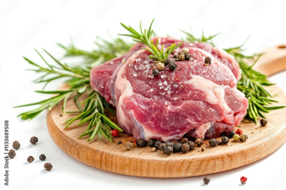 Raw meat steaks seasoned with rosemary, salt, and peppercorns on a wooden board. Raw meat steaks seasoned with rosemary, salt, and peppercorns on a wooden board.