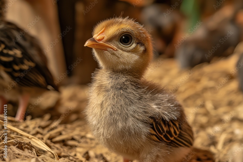 Close-up of a fluffy baby bird chick amongst others in a barn. Close-up of a fluffy baby bird chick amongst others in a barn.