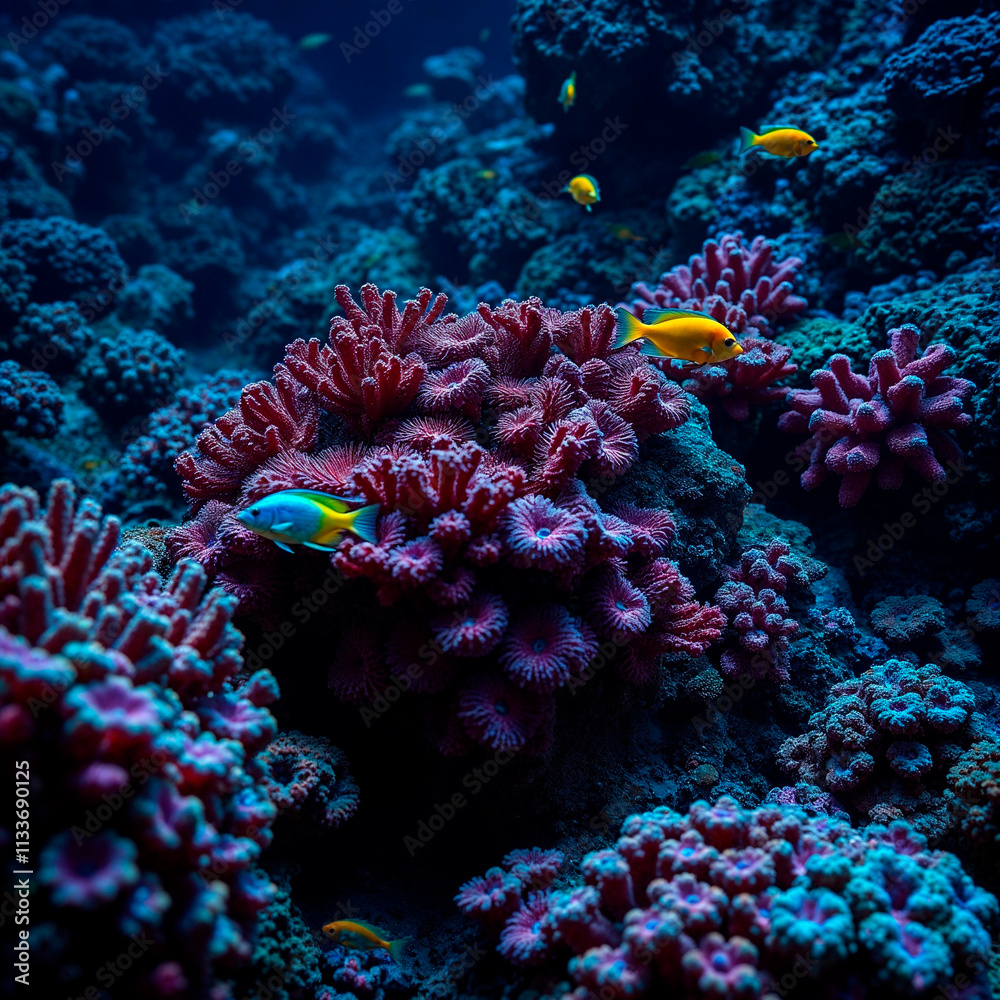 Fototapeta premium A vibrant reef filled with corals and colorful fish, shown in an extreme macro close-up, exhibiting rich burgundy and deep blue colors, sophisticated and elegant