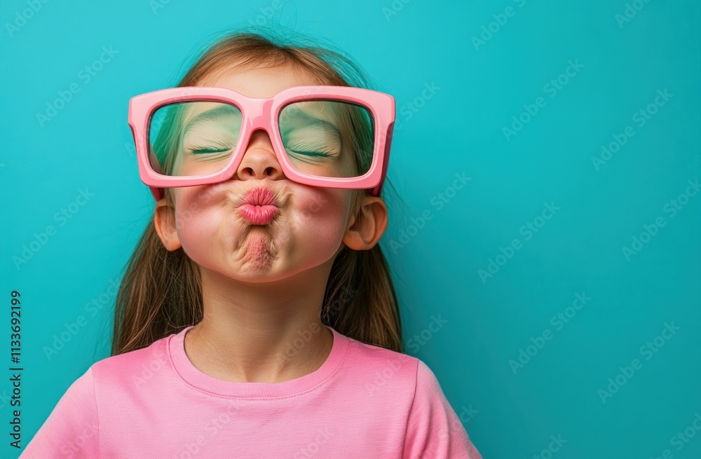 Playful girl with oversized pink glasses makes a funny face against a teal background. Playful girl with oversized pink glasses makes a funny face against a teal background.