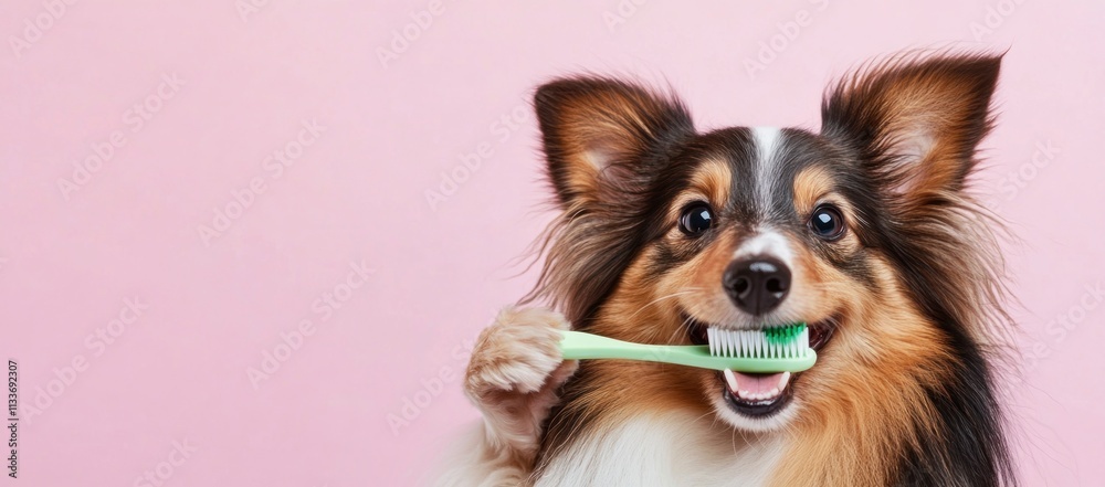 Happy dog brushing its teeth with a toothbrush. Happy dog brushing its teeth with a toothbrush.