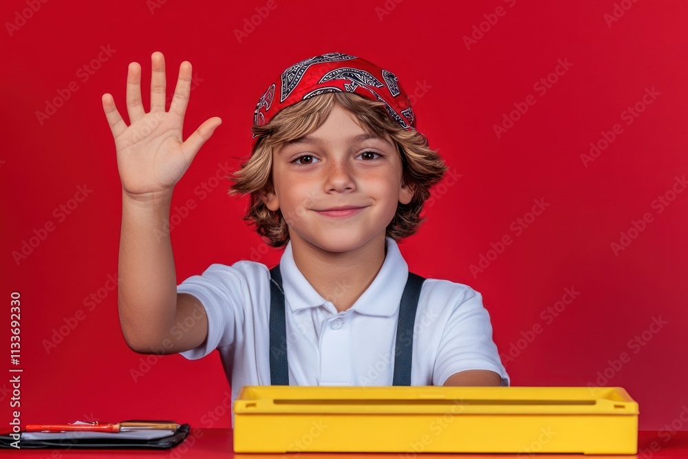 Smiling boy waves hello, sitting at desk with tools. Smiling boy waves hello, sitting at desk with tools.