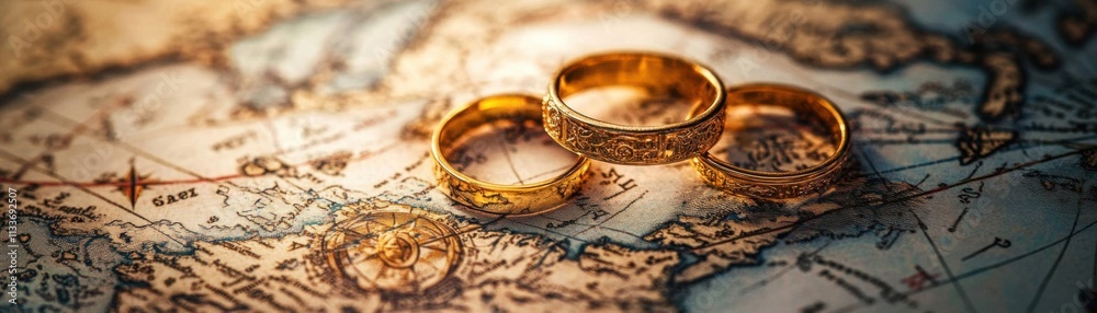 Gold rings on old map; no people; romance, journey. Gold rings on old map; no people; romance, journey.