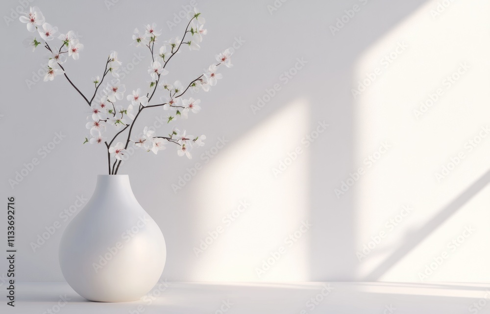 White vase with blooming branches against a white wall. White vase with blooming branches against a white wall.