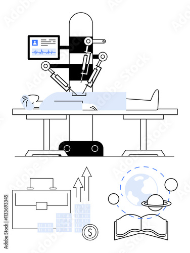 Robotic arms performing surgery on a patient in a medical facility. Ideal for healthcare innovation, medical technology, futuristic medicine, healthcare improvement, science exploration, space