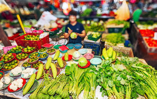 Vegetables on a market stall in Kula Lumpur, Malaysia -Blurre background