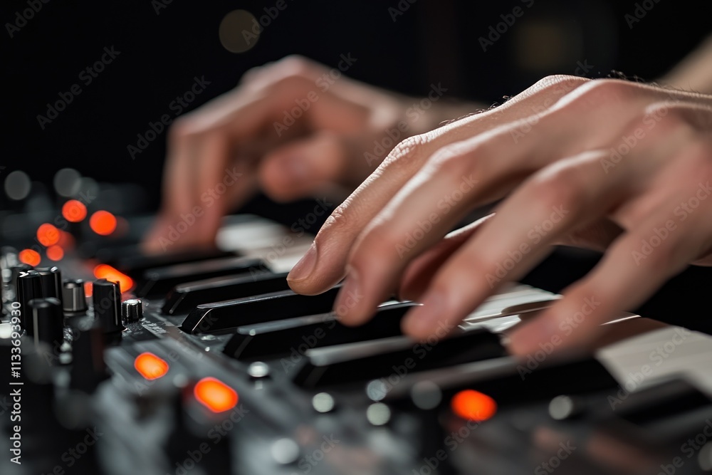 Close-up of hands playing a synthesizer keyboard. Close-up of hands playing a synthesizer keyboard.