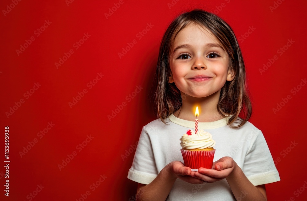 Happy girl holding birthday cupcake with candle. Happy girl holding birthday cupcake with candle.
