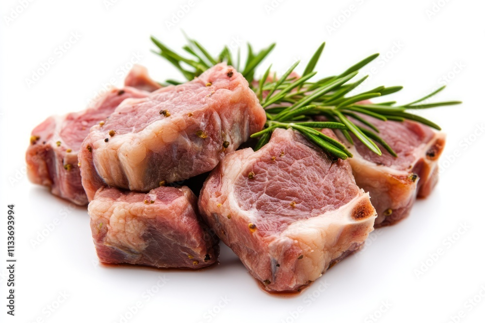 Close-up of seasoned lamb meat cubes with fresh rosemary sprigs on white background. Close-up of seasoned lamb meat cubes with fresh rosemary sprigs on white background.