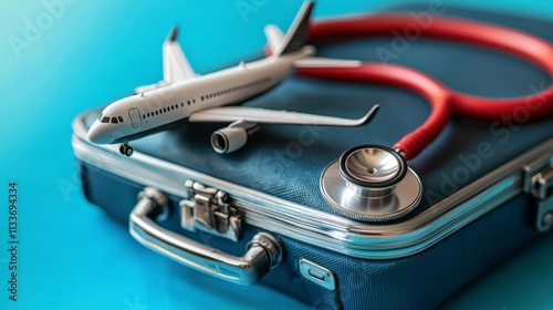 Travel insurance concept with suitcase, airplane model, and stethoscope