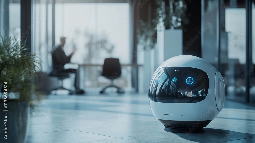 A futuristic robot stands in a modern office setting, observing a person. A futuristic robot stands in a modern office setting, observing a person.