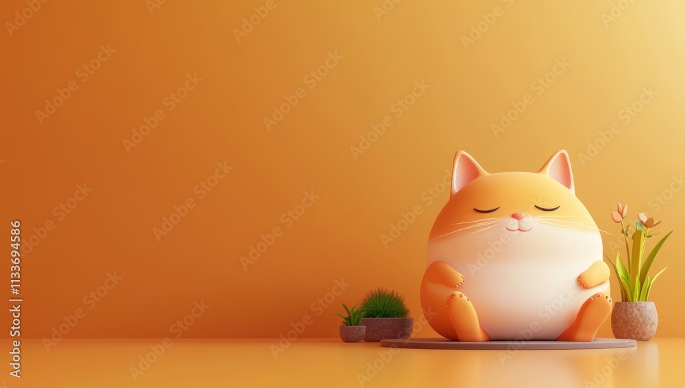 Cute cartoon cat resting peacefully with plants in a minimalist orange room. Cute cartoon cat resting peacefully with plants in a minimalist orange room.
