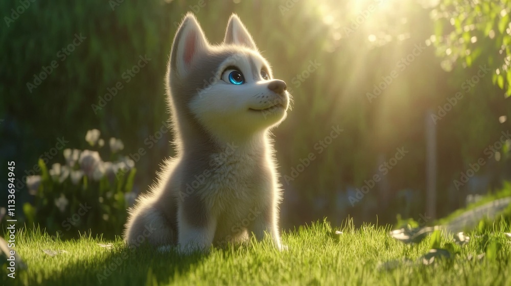 Fototapeta premium Cute Cartoon Puppy Sitting in Grass with Sunlight and Greenery