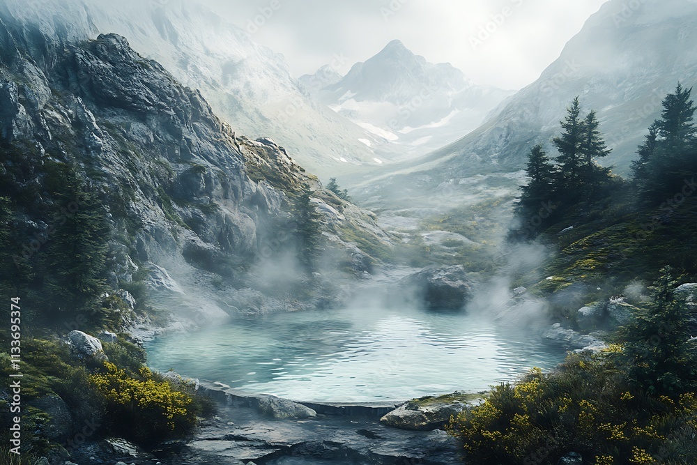 Obraz premium Serene Mountain Lake in Misty Valley: A Breathtaking View