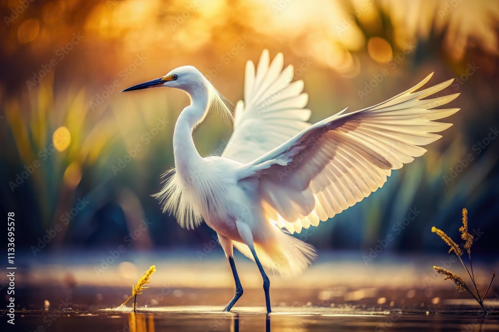 Naklejka premium Classic vintage photo: a little egret's wings spread wide, showcasing timeless wildlife beauty.