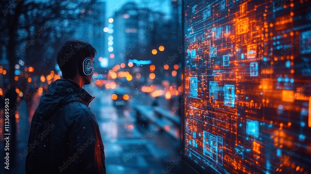 Cyberpunk Cityscape: Man Contemplating Digital Streams Cyberpunk Cityscape: Man Contemplating Digital Streams