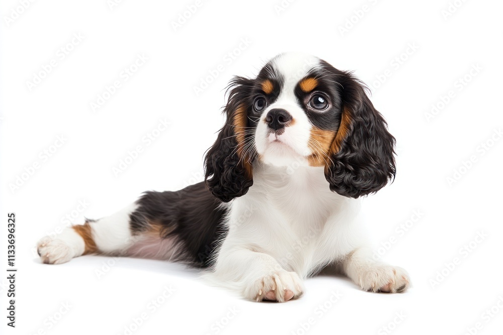 Adorable Cavalier King Charles Spaniel puppy lying down on white background. Adorable Cavalier King Charles Spaniel puppy lying down on white background.