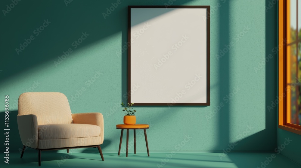 Modern interior design featuring empty frame in bright room Modern interior design featuring empty frame in bright room