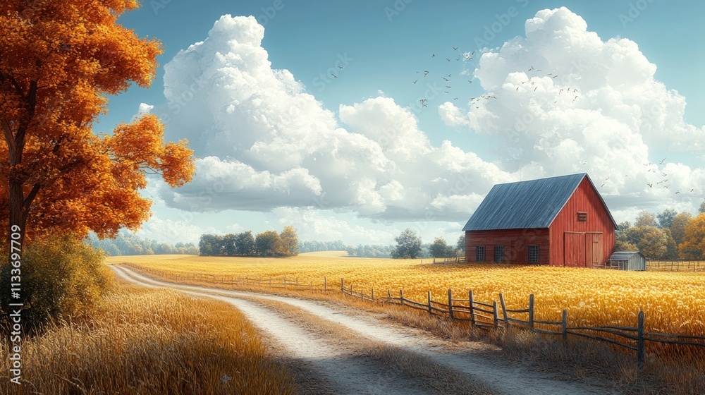 Red barn, autumn field, winding road, cloudy sky. Red barn, autumn field, winding road, cloudy sky.