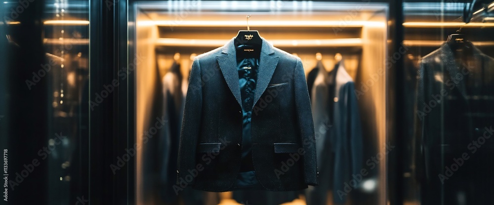 A stylish suit displayed in a modern wardrobe setting. A stylish suit displayed in a modern wardrobe setting.
