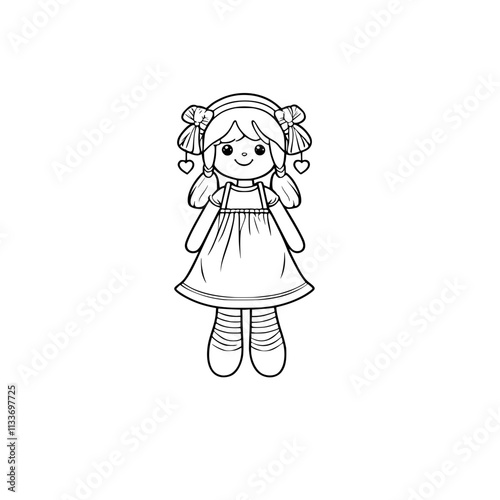 A black and white line drawing of a rag doll.