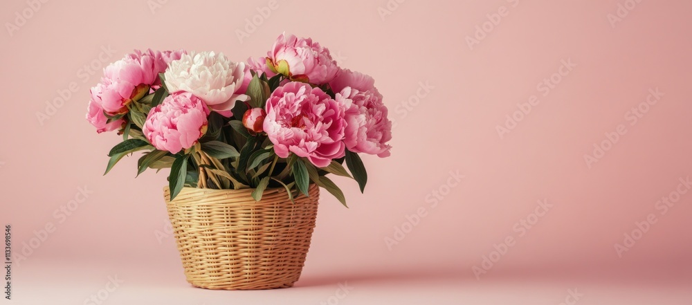 Pink peonies in a wicker basket on a pink background. (1) Pink peonies in a wicker basket on a pink background. (1)