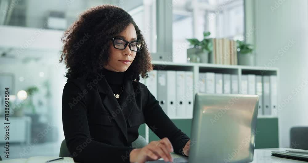 Laptop, typing and business woman planning, review update or reading compliance feedback in office. African worker, computer and writing email for policy development, rules or check regulation report