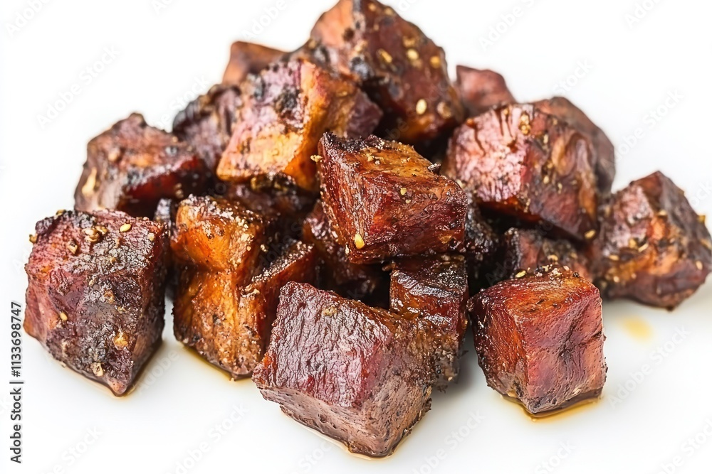Close-up of savory, dark-brown, seasoned meat cubes on a white background. Close-up of savory, dark-brown, seasoned meat cubes on a white background.