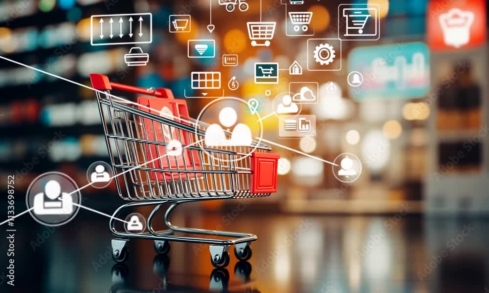 A shopping cart with digital icons representing online shopping and e-commerce.