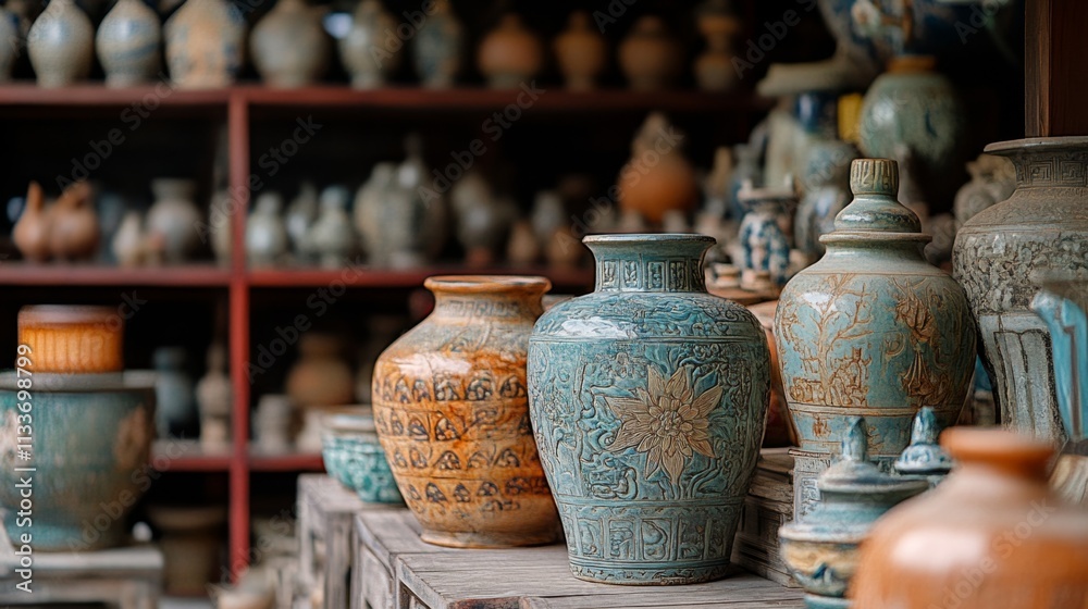 Artisan pottery exhibition showcasing unique vases local market photography indoor setting close-up cultural heritage Artisan pottery exhibition showcasing unique vases local market photography indoor setting close-up cultural heritage