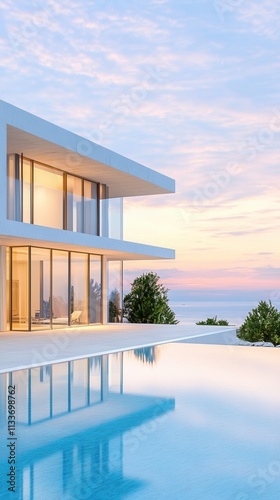 Modern home with sharp lines and infinity pool at sunset